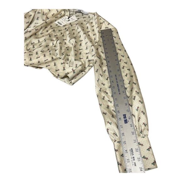 ZARA L SATIN SHOULDER PAD BLOUSE FLORAL & DOTS CREAM SLIT SEXY CROP BLOGGERS NEW - Picture 10 of 15